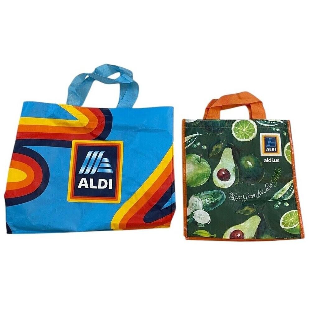 Aldi Reusable Shopping‎ Bag Tote Lot 2 Rainbow Stripe Avocado With Handles